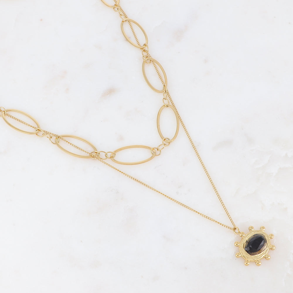 Collier 2 rangs argenté avec jeu de mailles et pendant embelli d'une pierre onyx 38/42+7 cm