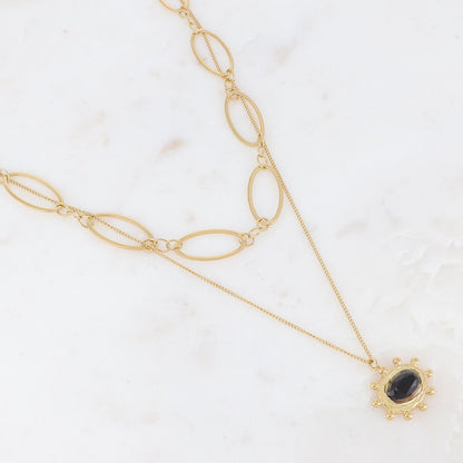 Collier 2 rangs argenté avec jeu de mailles et pendant embelli d'une pierre onyx 38/42+7 cm