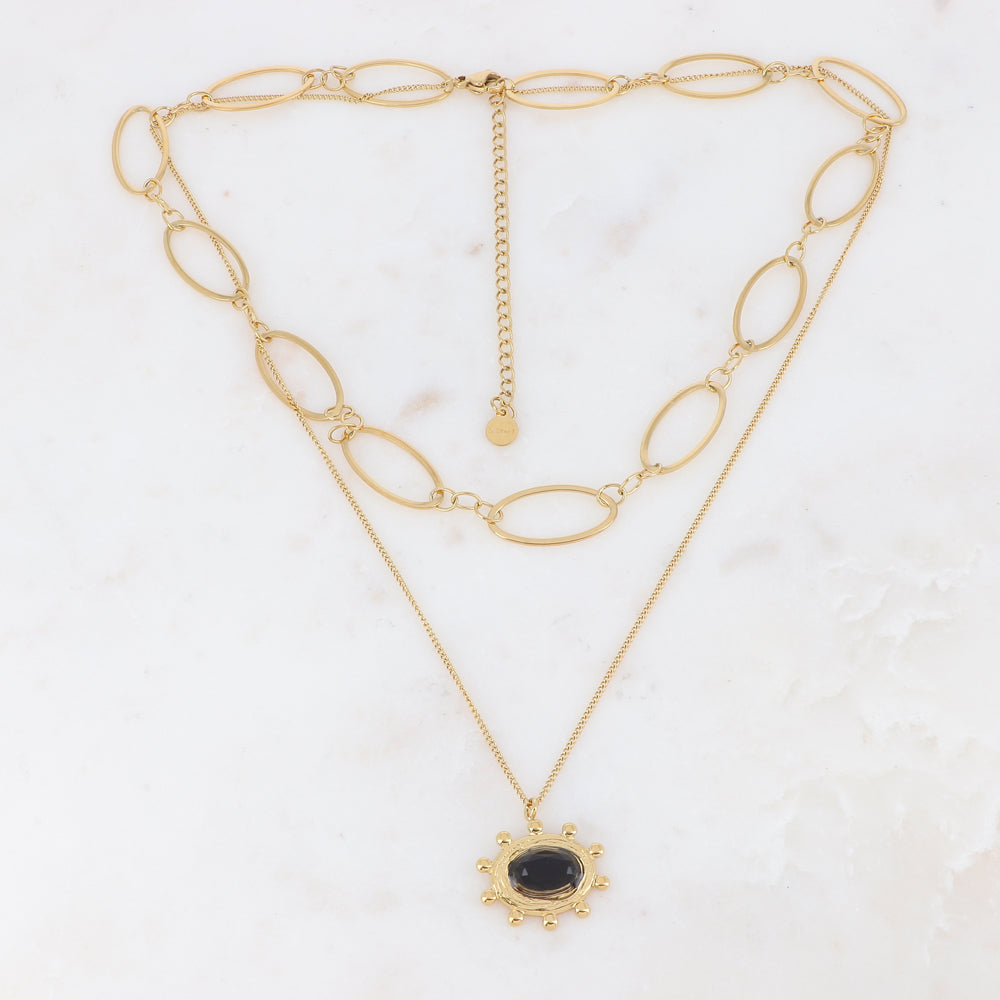 Collier 2 rangs argenté avec jeu de mailles et pendant embelli d'une pierre onyx 38/42+7 cm