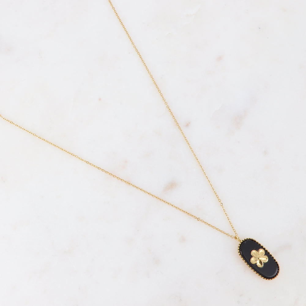 Collier doré avec un pendentif en pierre Onyx ornée d'une fleur 38+7 cm