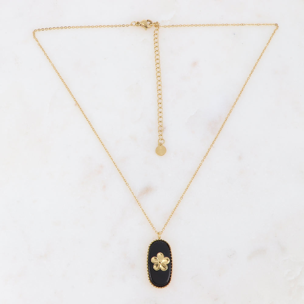 Collier doré avec un pendentif en pierre Onyx ornée d'une fleur 38+7 cm