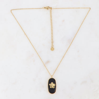 Collier doré avec un pendentif en pierre Onyx ornée d'une fleur 38+7 cm
