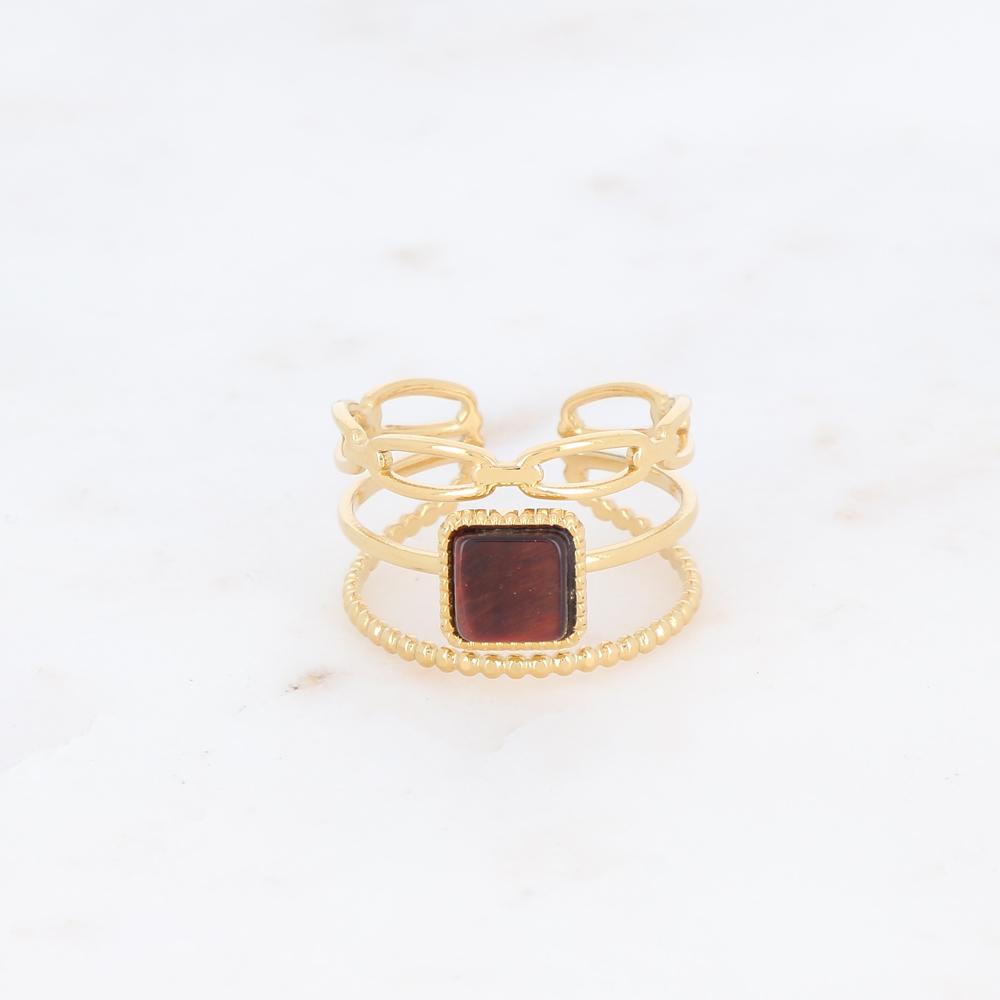 Bague 3 rangs avec pierre naturelle carrée - Œil de tigre