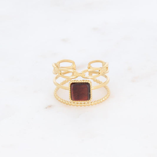Bague 3 rangs avec pierre naturelle carrée - Œil de tigre