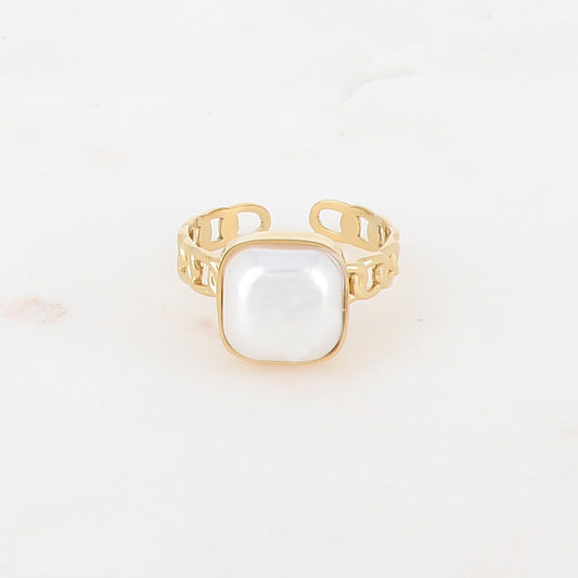 Bague en maille plate ornée d'une pierre carrée - Nacre