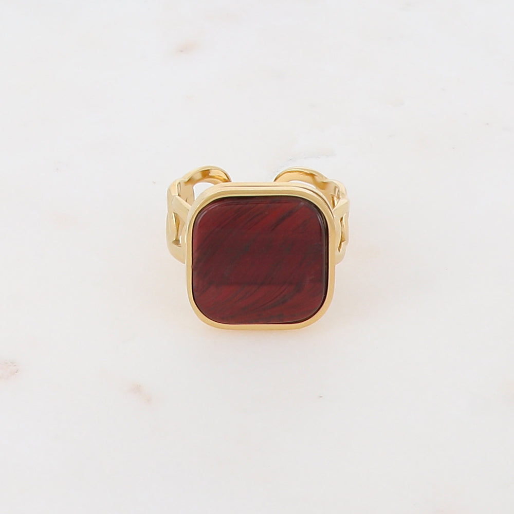 Bague en maille plate ornée d'une pierre naturelle carrée - Oeil de tigre
