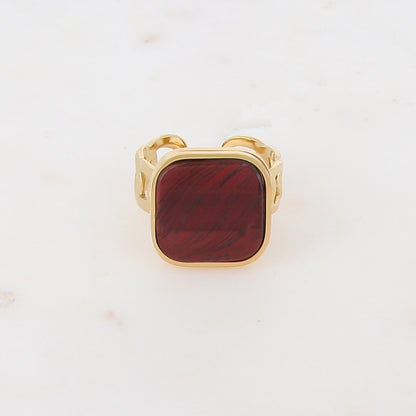 Bague en maille plate ornée d'une pierre naturelle carrée - Oeil de tigre