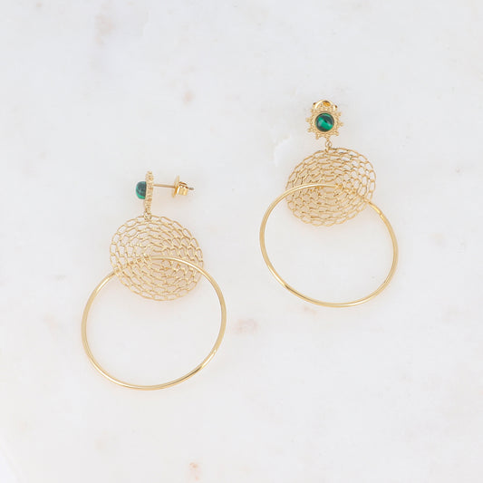 B.O à puce avec pièce ronde ajourée, anneau et pierre naturelle 3,5 x6 cm