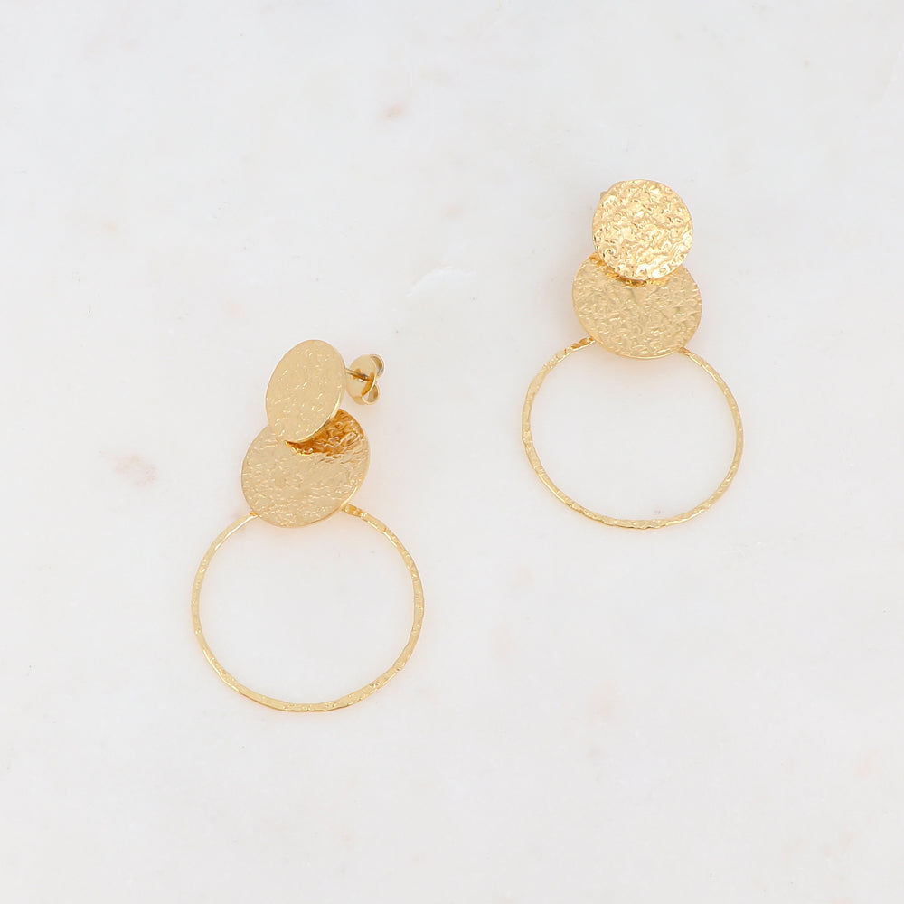 B.O à puce avec deux pièces rondes effet martelé et un anneau 3 x 5,2 CM.