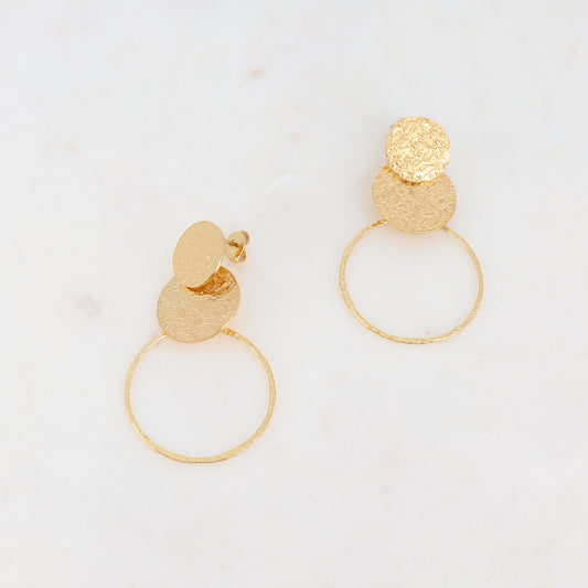 B.O à puce avec deux pièces rondes effet martelé et un anneau 3 x 5,2 CM.