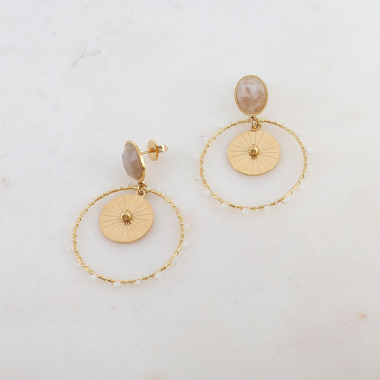 Boucles d'oreilles cercle, soleil et pierres naturelles