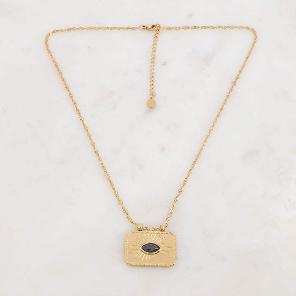 Collier doré avec un pendentif rectangulaire avec un motif fleur et un strass noir 38+5 cm