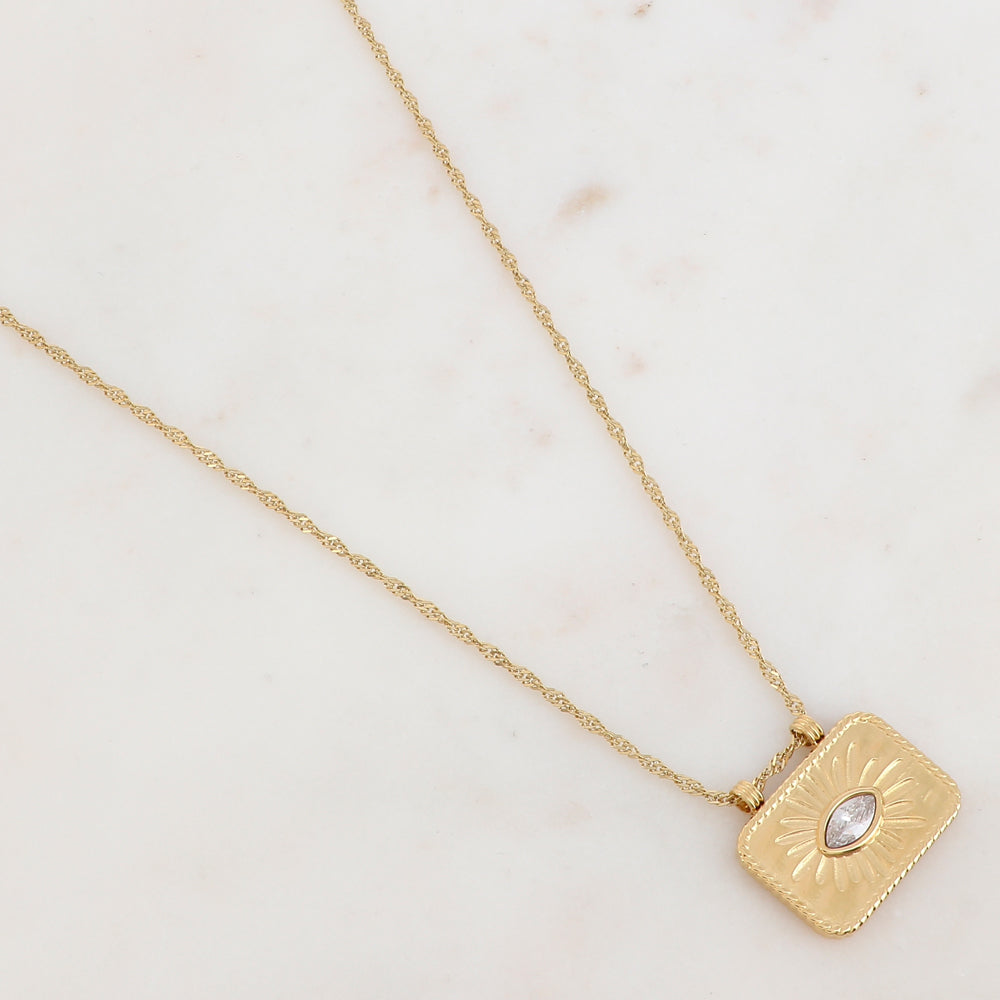 Collier doré avec un pendentif rectangulaire avec un motif fleur et un strass blanc 38+5 cm