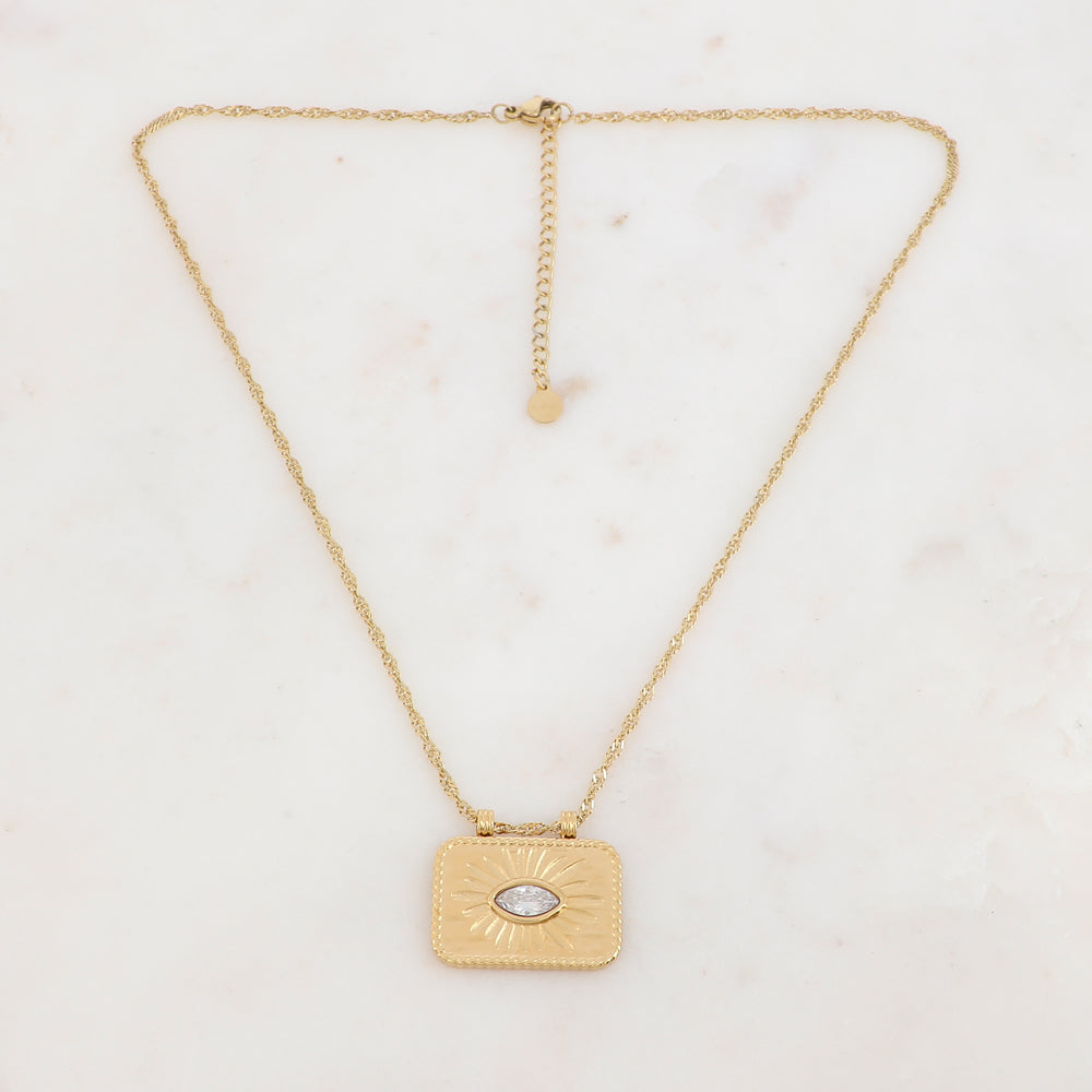 Collier doré avec un pendentif rectangulaire avec un motif fleur et un strass blanc 38+5 cm