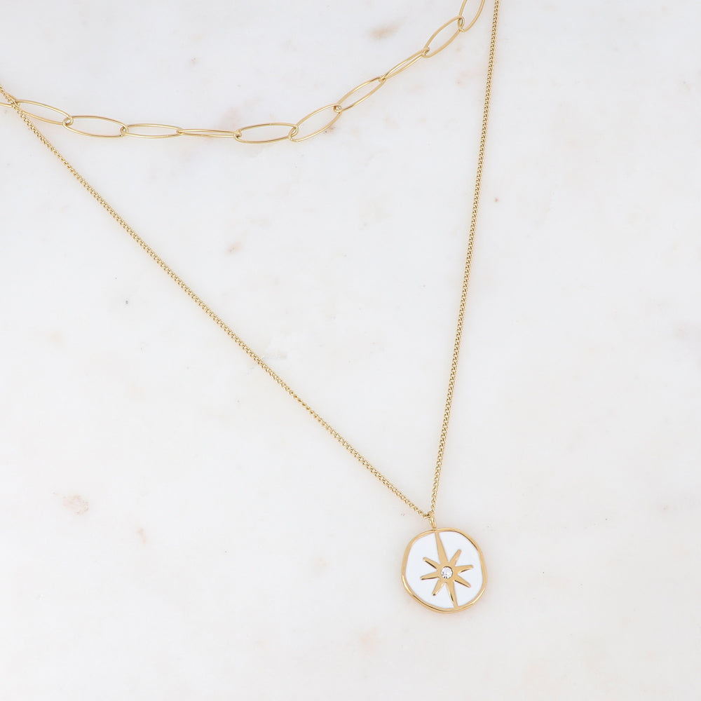 Collier 2 rangs composé d'un pendentif étoile émaillé blanc serti d'un strass blanc 38/50+7 cm