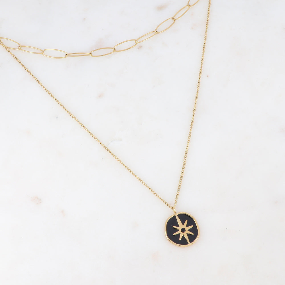 Collier 2 rangs composé d'un pendentif étoile émaillé noir serti d'un strass noir 38/50+7 cm