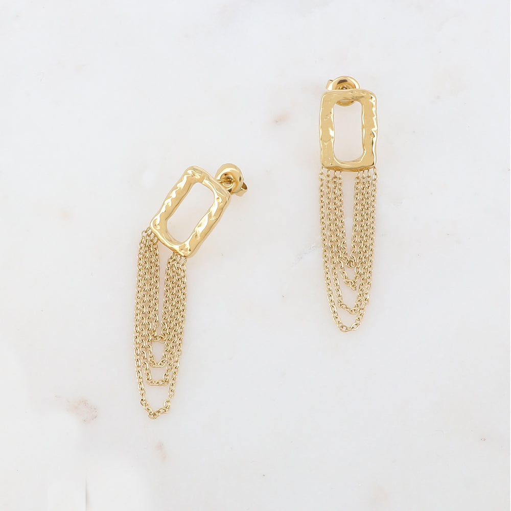 B.O à puce avec pièce géométrique martelée, chaînes pendantes 1,1 x 5 cm.