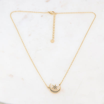 Collier doré composé d'un pendentif étoile et lune ornée de strass noirs 40+5 cm