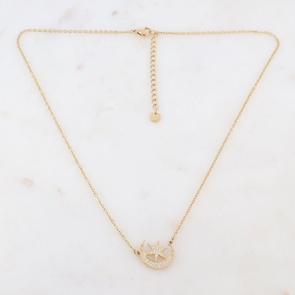 Collier doré composé d'un pendentif étoile et lune ornée de strass blancs 40+5 cm