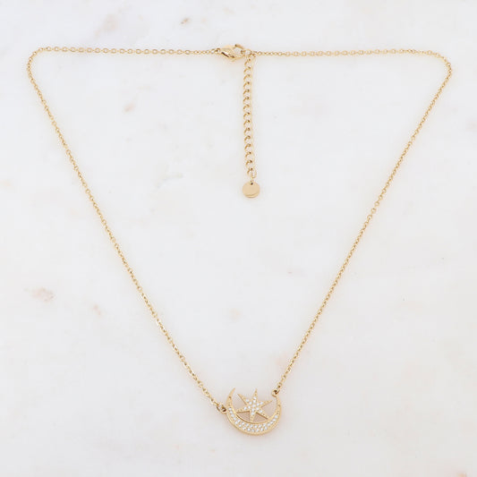 Collier doré composé d'un pendentif étoile et lune ornée de strass blancs 40+5 cm