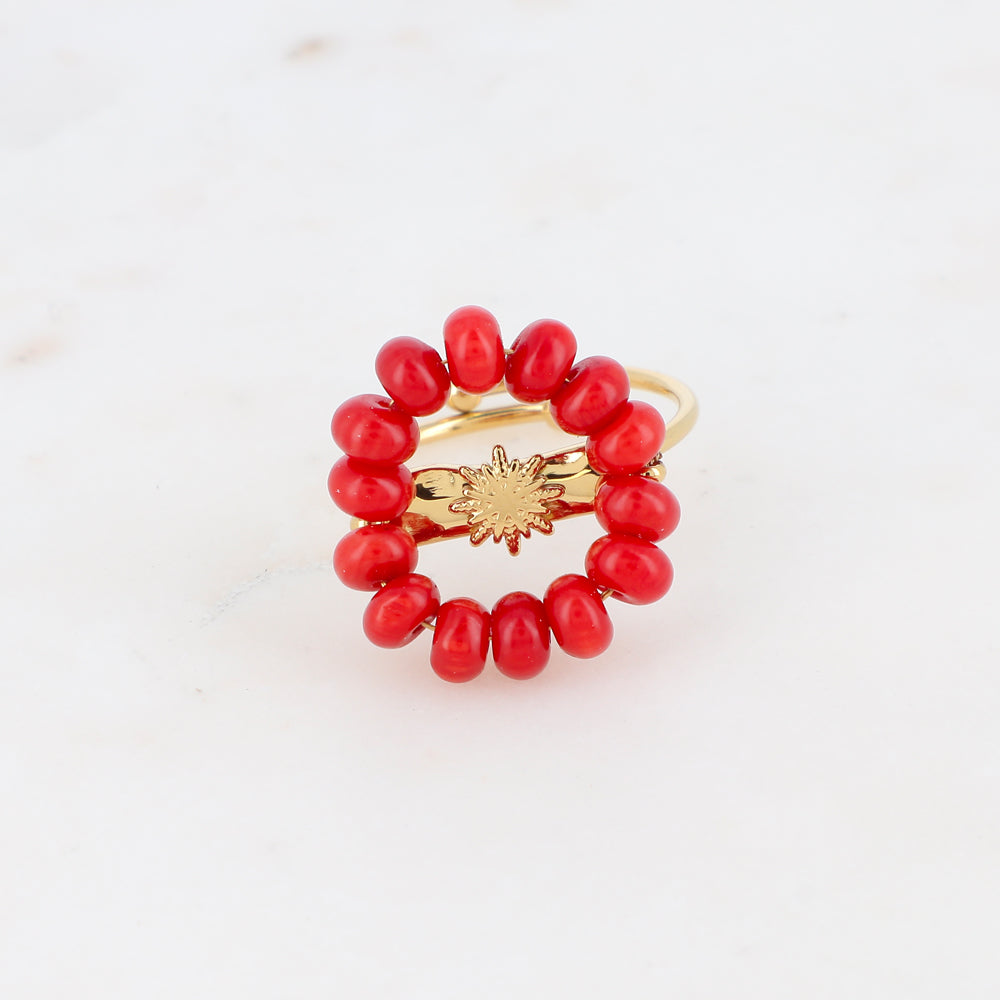 Bague avec perles en pierre naturelle  - Corail