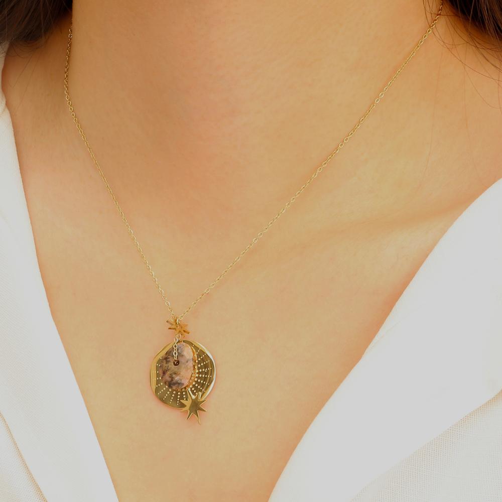 Collier sur chaîne composé d'une pampille et d'une pierre naturelle rose marbré rhodonite 40+5 cm