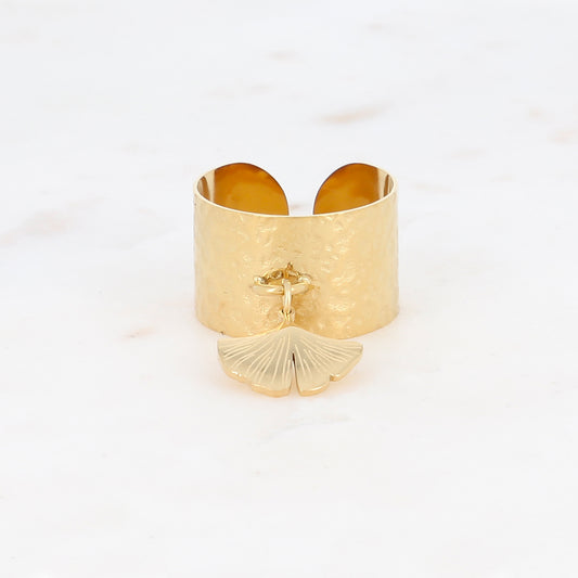 Bague martelée pampille feuille de ginkgo