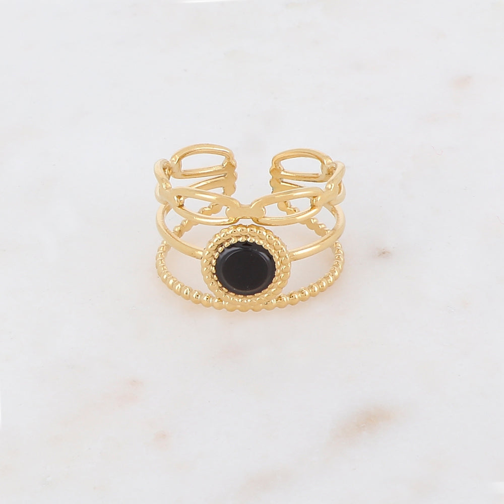 Bague 3 rangs avec pierre naturelle ronde - Onyx
