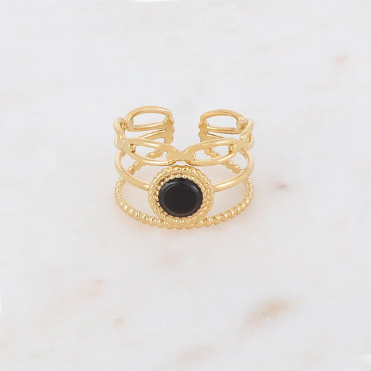 Bague 3 rangs avec pierre naturelle ronde - Onyx