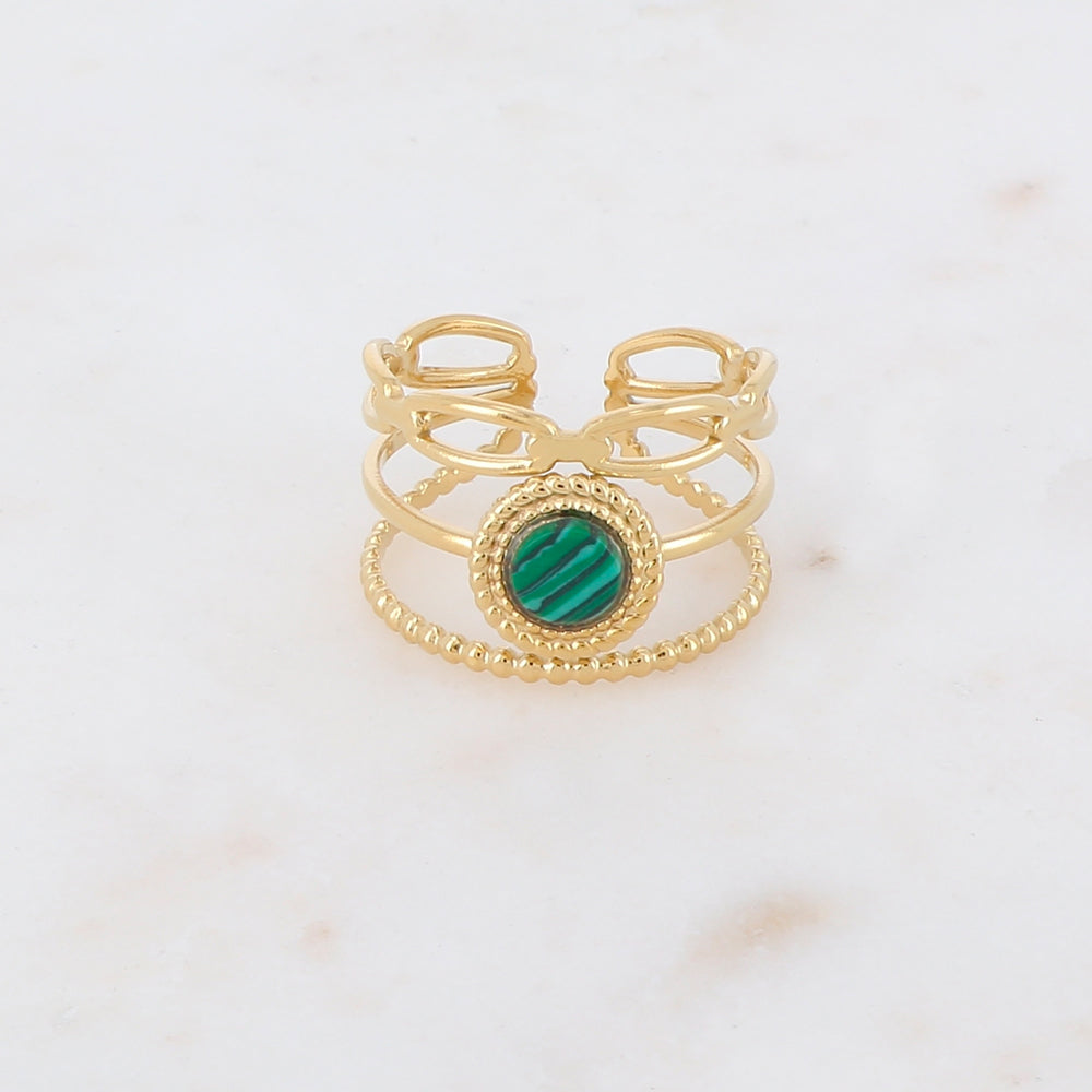 Bague 3 rangs avec pierre naturelle ronde - Malachite