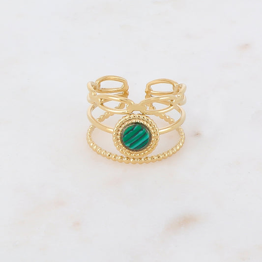 Bague 3 rangs avec pierre naturelle ronde - Malachite