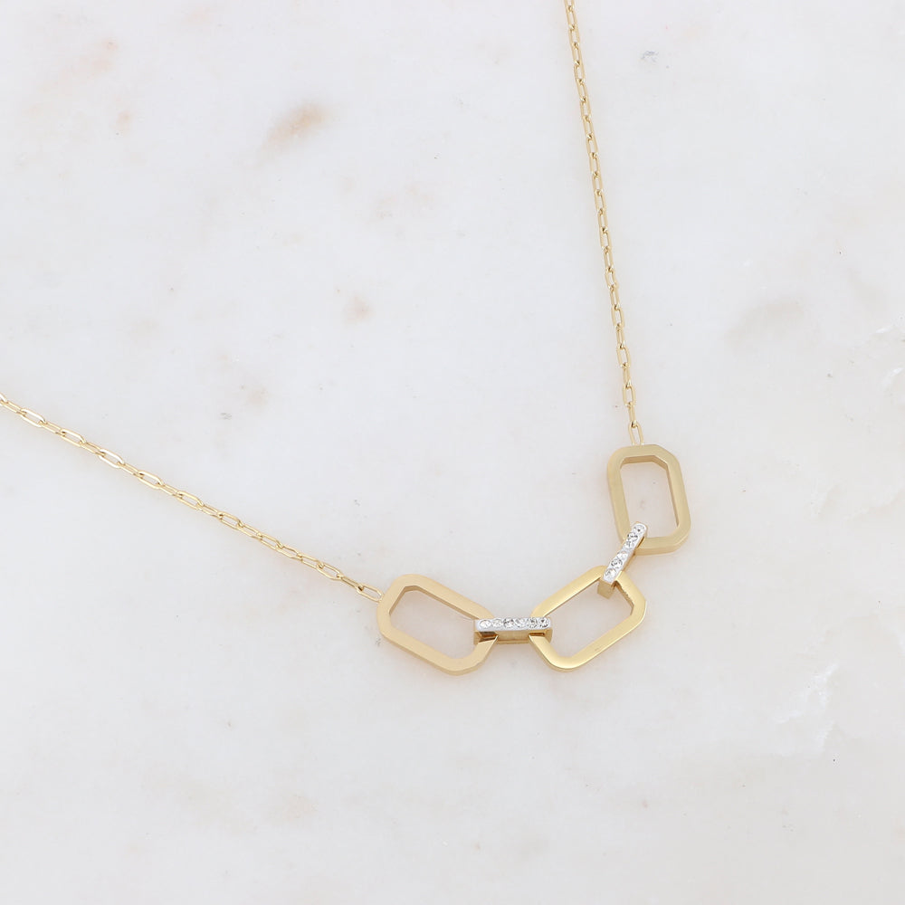 Collier doré avec anneaux rectangulaires et strass blancs 40+5 cm