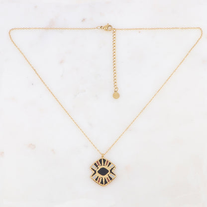 Collier doré avec une pièce graphique émaillée noire 40+5 cm