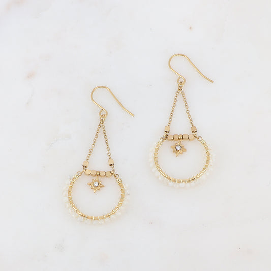 B.O à crochet avec perles en pierres naturelles, pampille, étoile et strass 2,4 x 5,5 cm