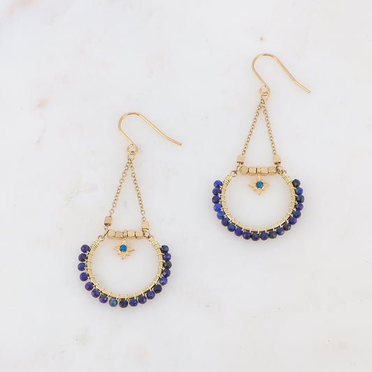 B.O à crochet avec perles en pierres naturelles, pampille, étoile et strass 2,4 x 5,5 cm