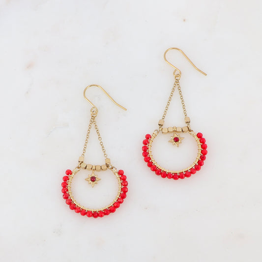 B.O à crochet avec perles en pierres naturelles, pampille, étoile et strass 2,4 x 5,5 cm