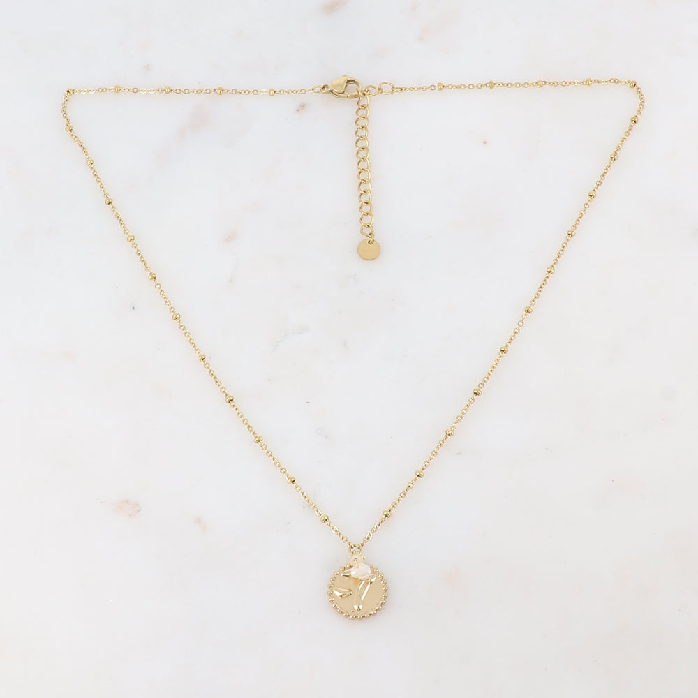 Collier doré avec 3 petites perles d'eau douce et pampille graphique 41+5 cm