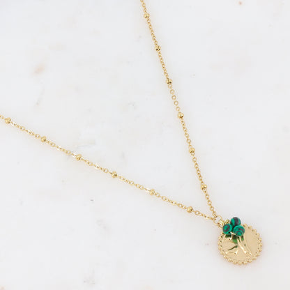 Collier doré avec 3 petites perles en pierre naturelle malachite et pampille graphique 41+5 cm