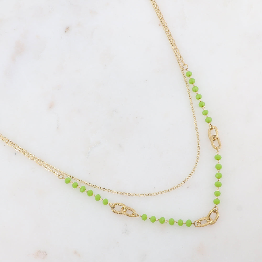 Collier double rangs avec perles en pâtes de verre vertes 39/41+5 cm