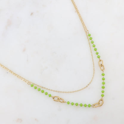Collier double rangs avec perles en pâtes de verre vertes 39/41+5 cm
