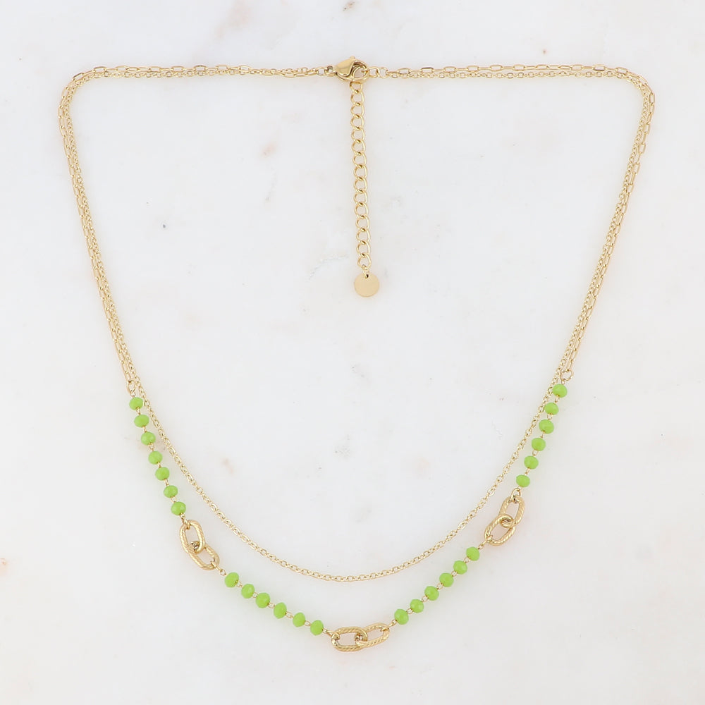 Collier double rangs avec perles en pâtes de verre vertes 39/41+5 cm