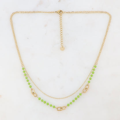 Collier double rangs avec perles en pâtes de verre vertes 39/41+5 cm