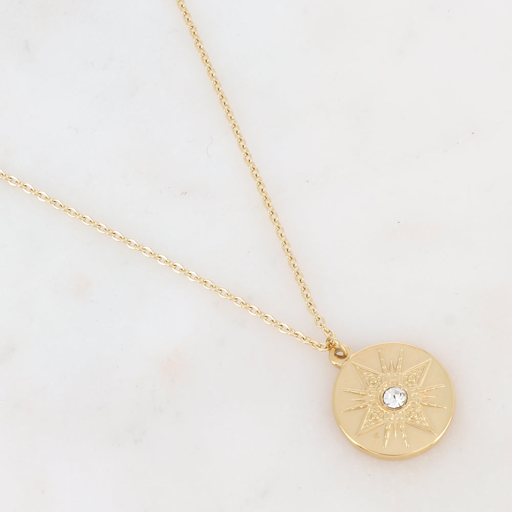 Collier doré avec une pampille ronde au motif étoile ornée d'un strass blanc 39+7 cm
