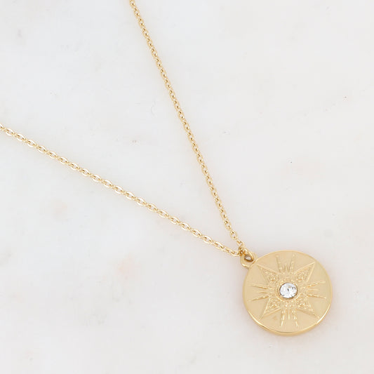 Collier doré avec une pampille ronde au motif étoile ornée d'un strass blanc 39+7 cm