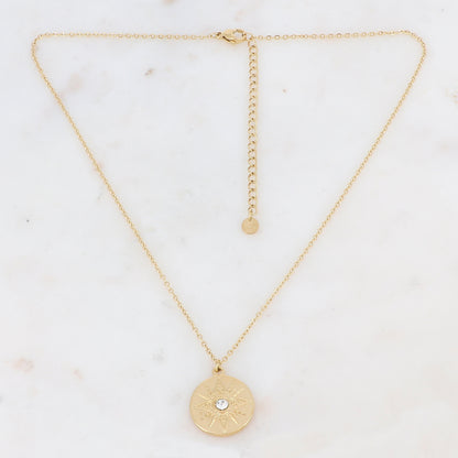 Collier doré avec une pampille ronde au motif étoile ornée d'un strass blanc 39+7 cm