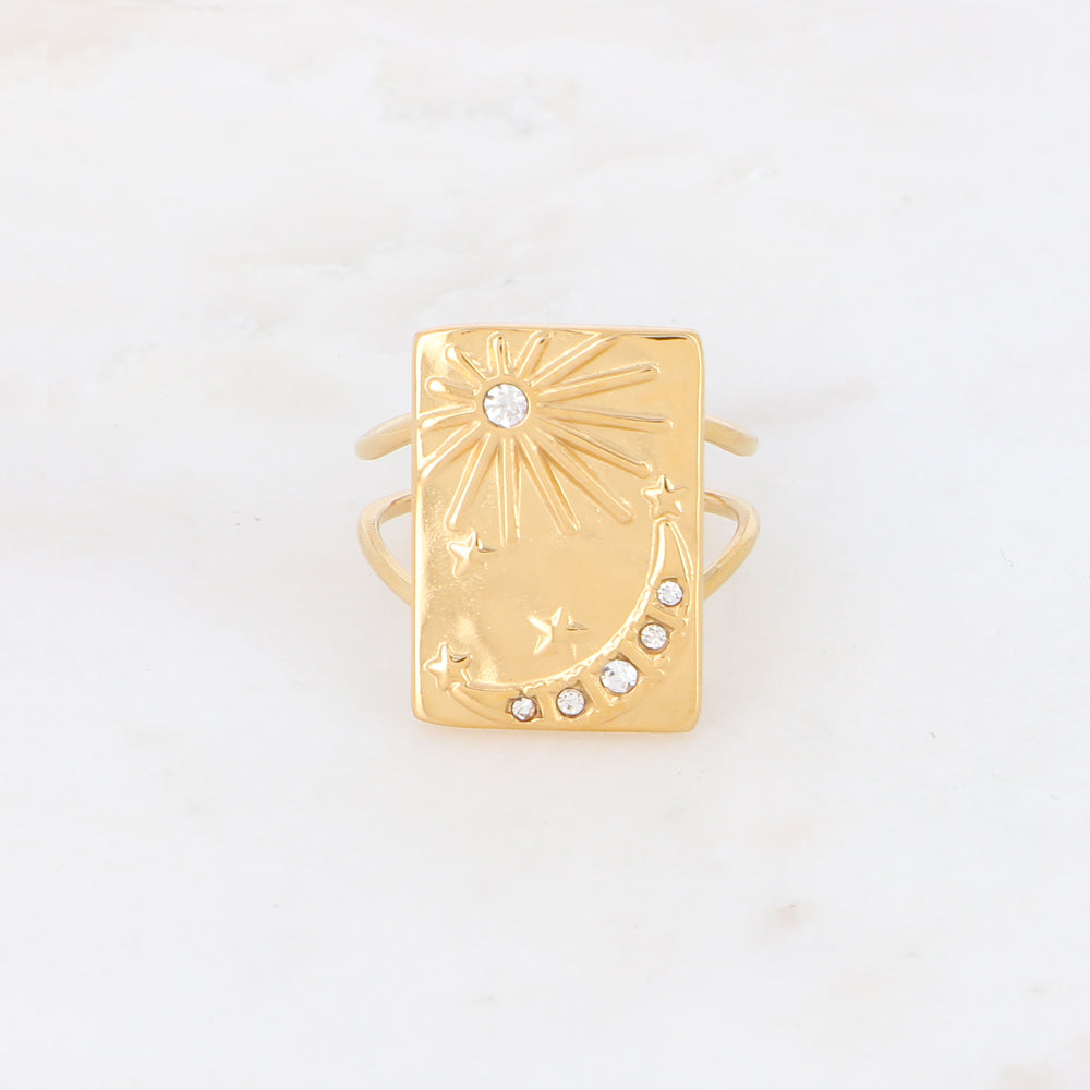 Bague avec soleil, lune, étoile et strass