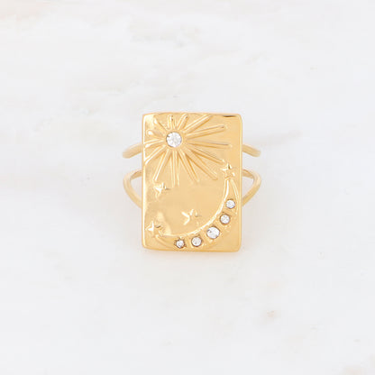 Bague avec soleil, lune, étoile et strass