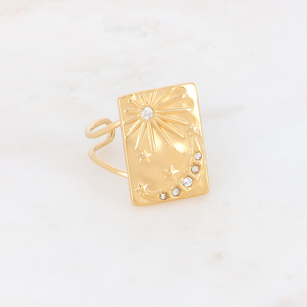 Bague avec soleil, lune, étoile et strass