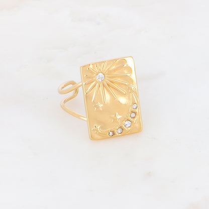 Bague avec soleil, lune, étoile et strass