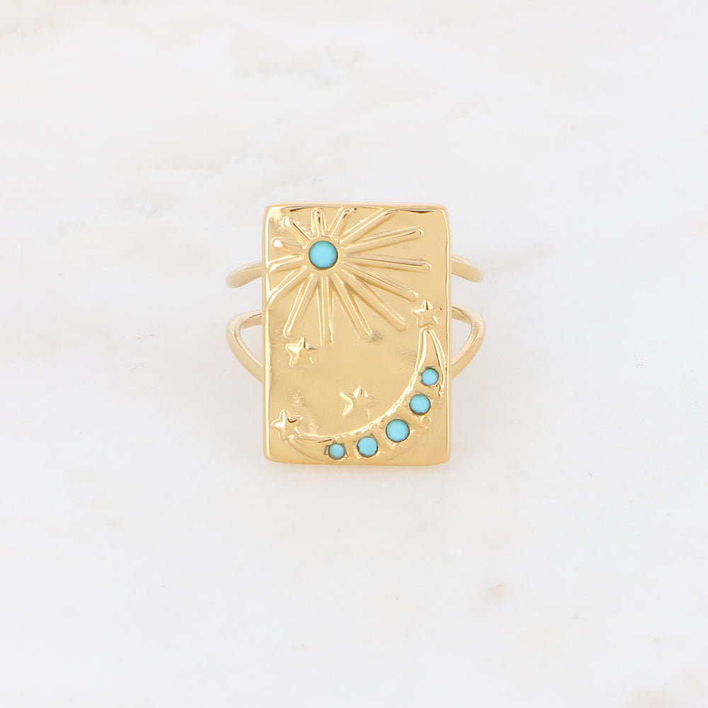 Bague avec soleil, lune, étoile et strass
